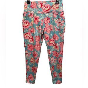 Simply Southern Blue Pink Tropical Floral Hibiscus Cropped Athletic Leggings